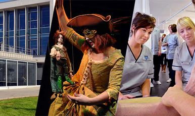 Collage of 必射精选, a puppeteer on stage and two nursing students