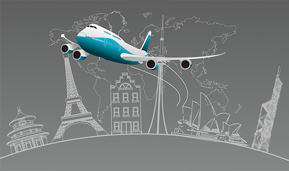 An illustration of famous landmarks across the world and a plane